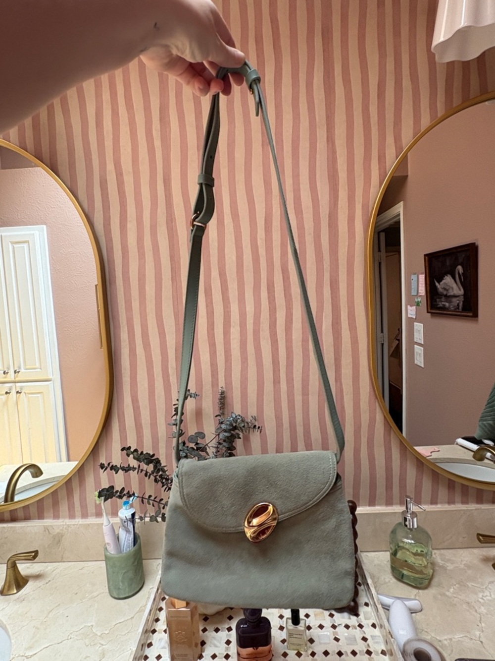 Sam Edelman Sage Green Shoulder Bag with Gold Twist Clasp